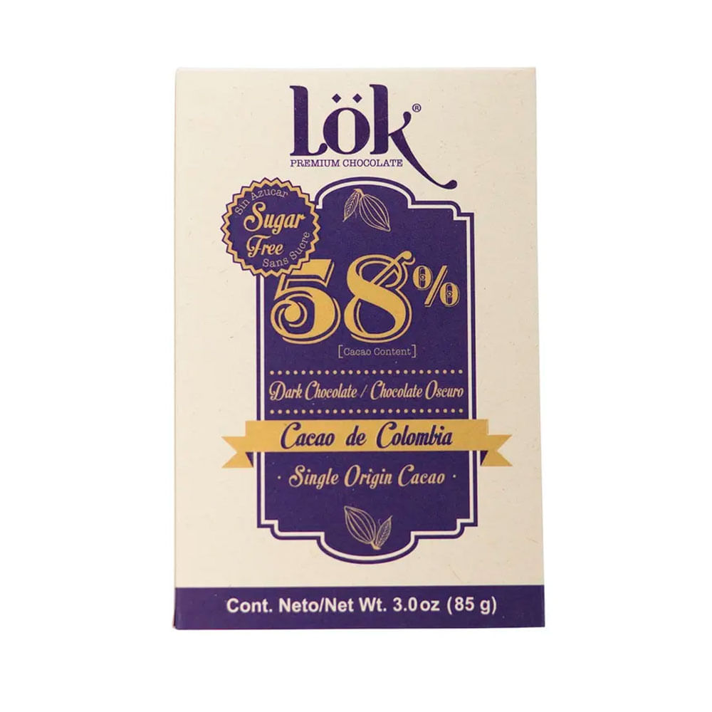 BARRA LOK 58% SUGAR FREE DARK CHOCOLATE CAJA 85 G