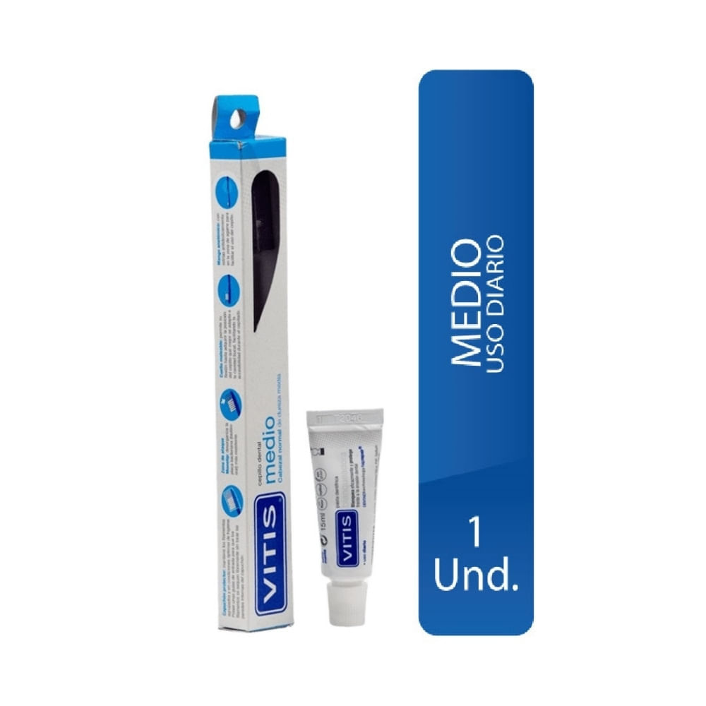 CEPILLO DENTAL VITIS MEDIO X1 UND+PASTA BLANQUEADORA 15 ML