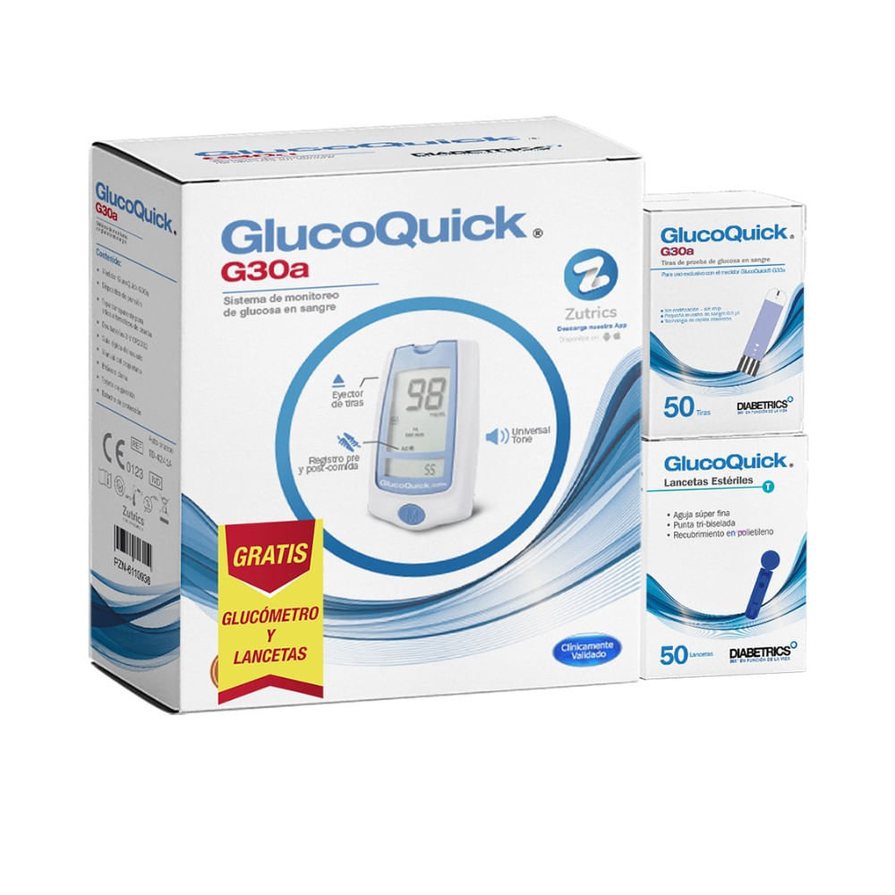 GLUCOQUICK G30A TIRILLAS GTS GLUCOMETRO+LANCETAS CAJA X 50 UNDS