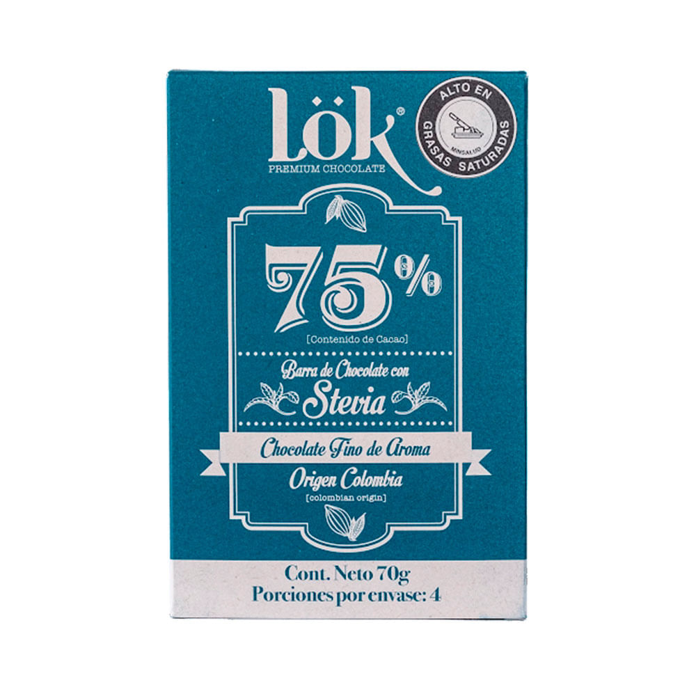 LOK BARRA CHOCOLATE STEVIA 75% CAJA 70 G