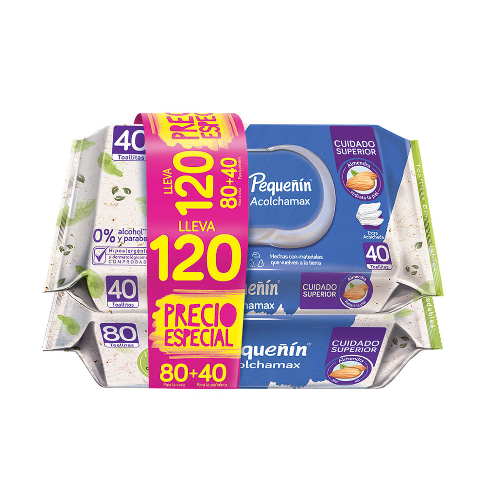 TOALLITAS HUMEDAS PEQUEÑIN ACOLCHAMAX BOLSA 80 + 40 UNDS
