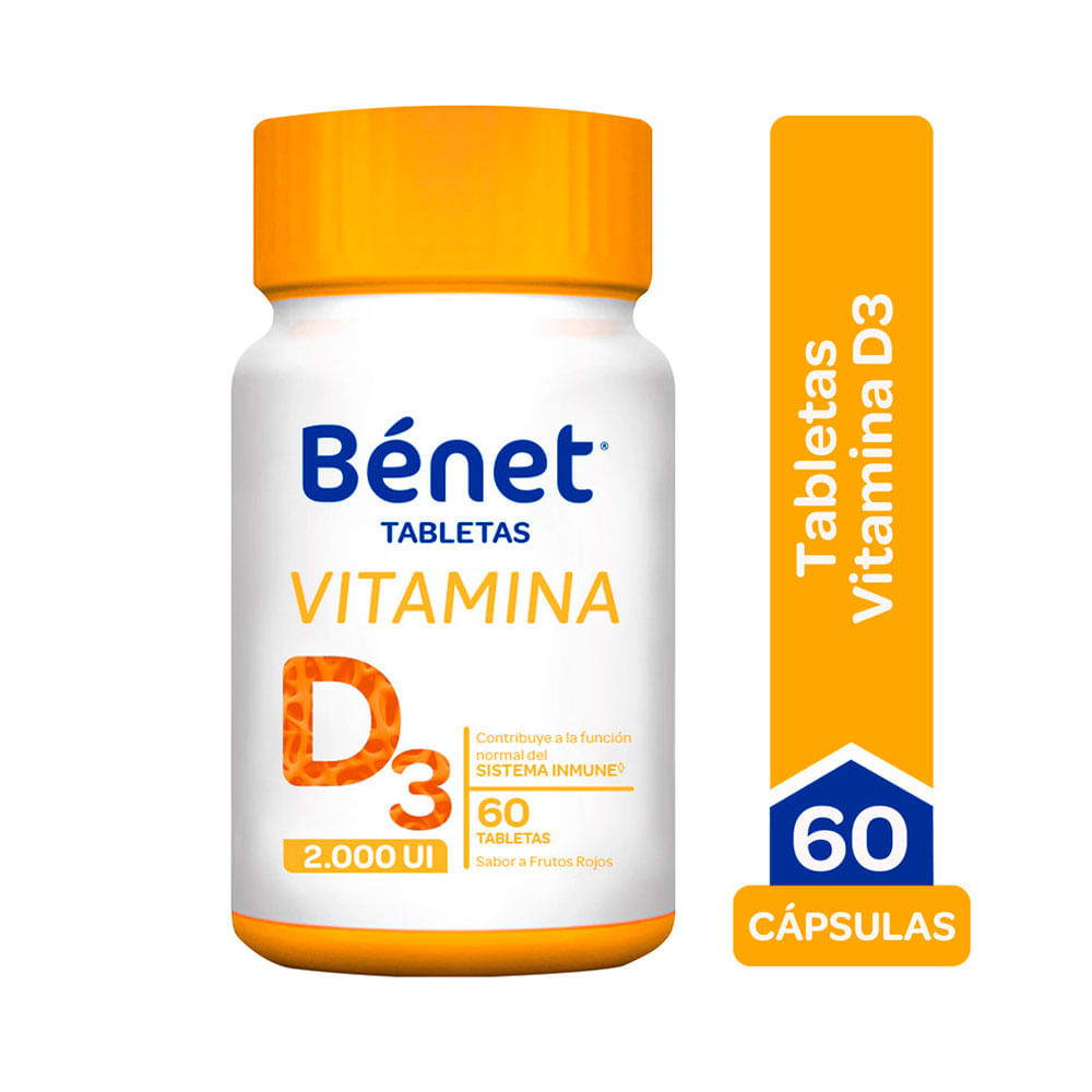 BENET VITAMINA D3 TABLETAS 2000 UI FRUTOS ROJOS FRASCO X 60 UNDS