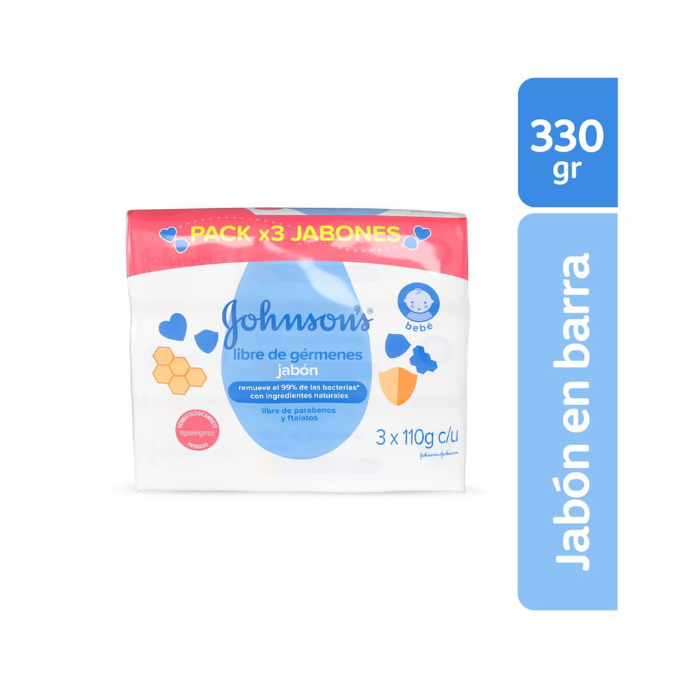 JABON JOHNSONS BABY LIBRE GERMENES BOLSA 3 X 110GR