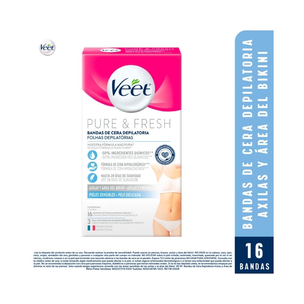 BANDAS DEPILATORIAS VEET AXILAS Y ÁREA DEL BIKINI PIEL SENSIBLE CAJA X 16 UNDS