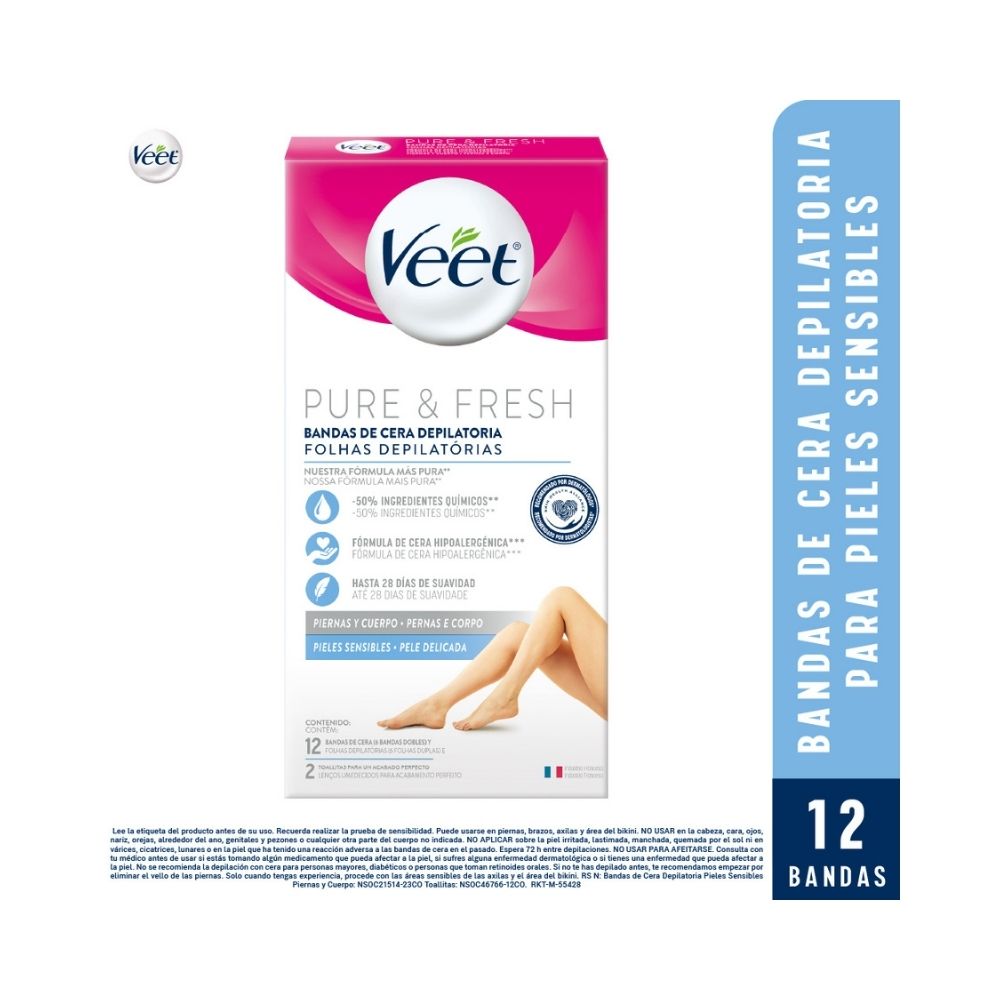BANDAS DEPILATORIAS VEET PIERNAS Y CUERPO PIEL SENSIBLE CAJA X 12 UNDS