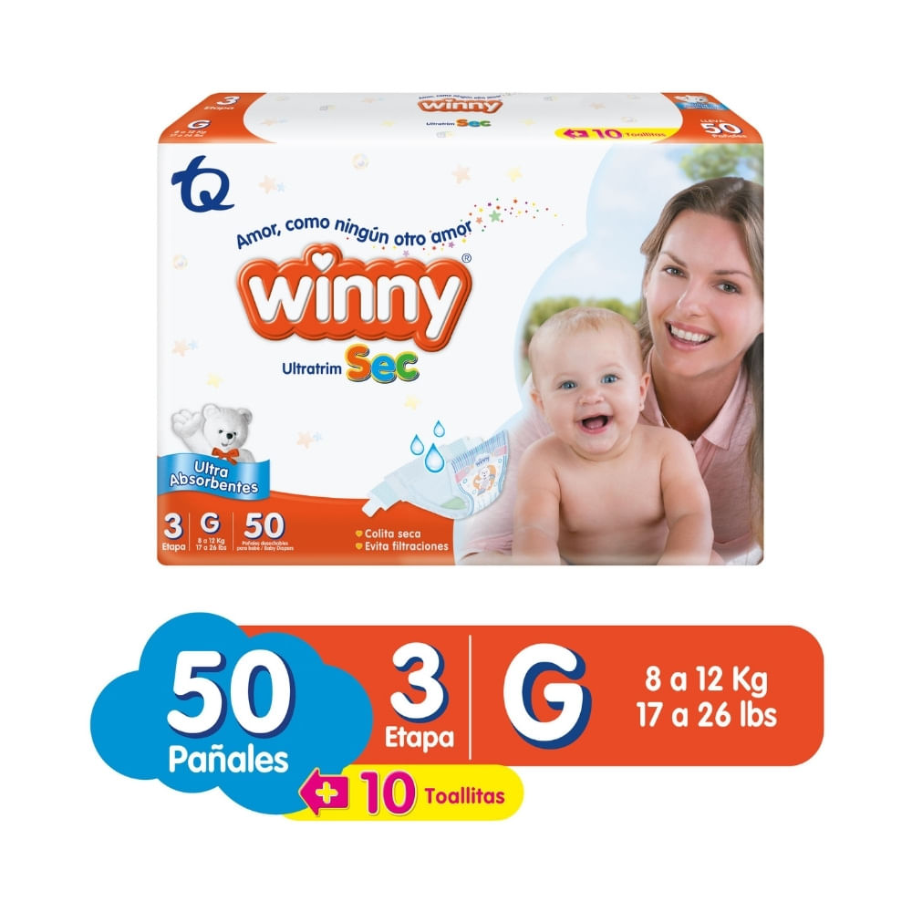 PAÑALES WINNY ULTRATRIM SEC ET 3 + TOALLITAS ALOE X10 BOLSA X 50 UNDS