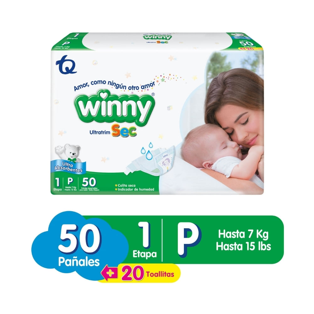 PAÑALES WINNY ULTRATRIM SEC ET 1 + TOALLITAS ALOE X20 BOLSA X 50 UNDS