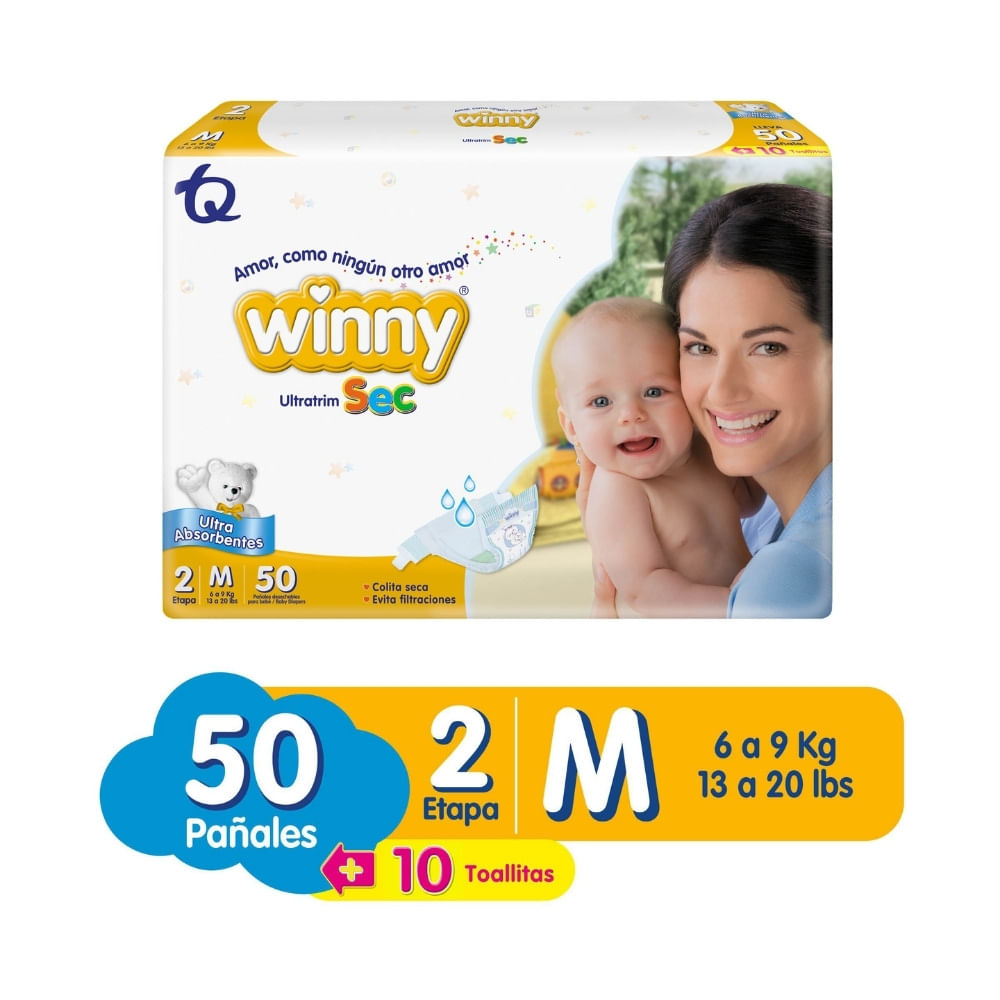 PAÑALES WINNY ULTRATRIM SEC ET 2 + TOALLITAS ALOE X10 BOLSA X 50 UNDS