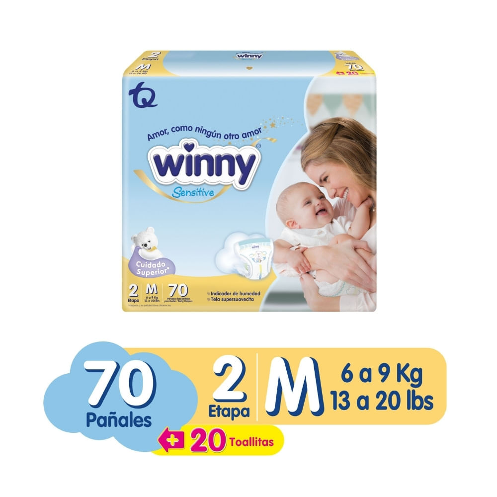 PAÑALES WINNY SENSITIVE ET2 + TOALLITAS AVENA X20 BOLSA X 70 UNDS