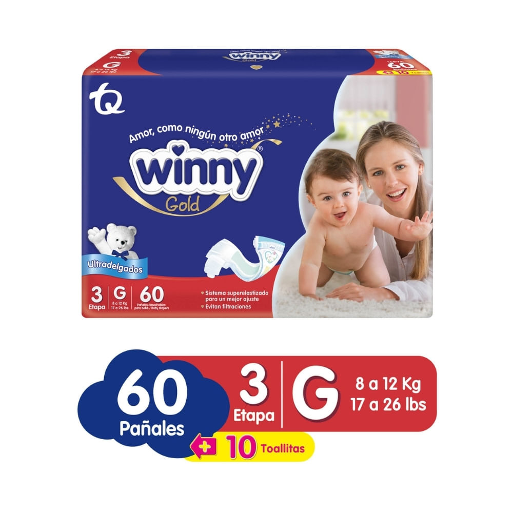 PAÑALES WINNY GOLD ET 3 + TOALLITAS AVENA X10 BOLSA X 60 UNDS