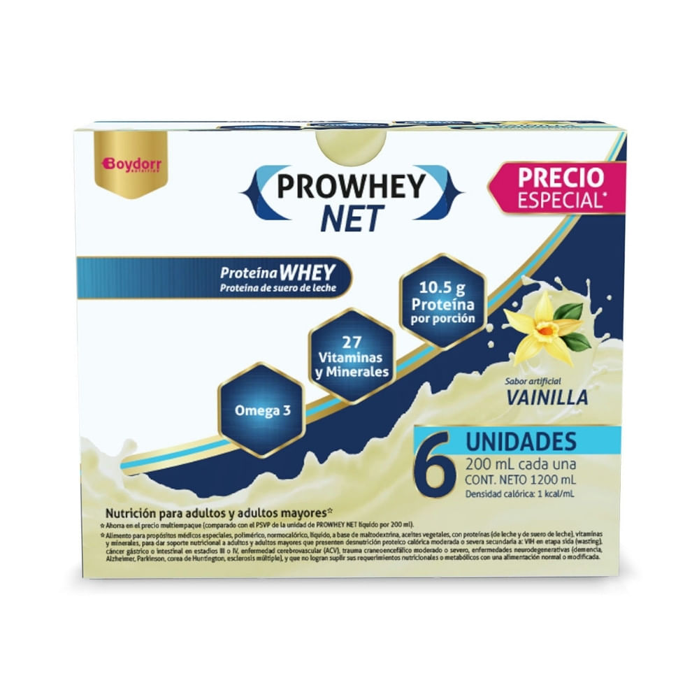 PROWHEY NET LIQUIDO P.E SIX PACK 200ML VAINILLA CAJA X 6 UNDS