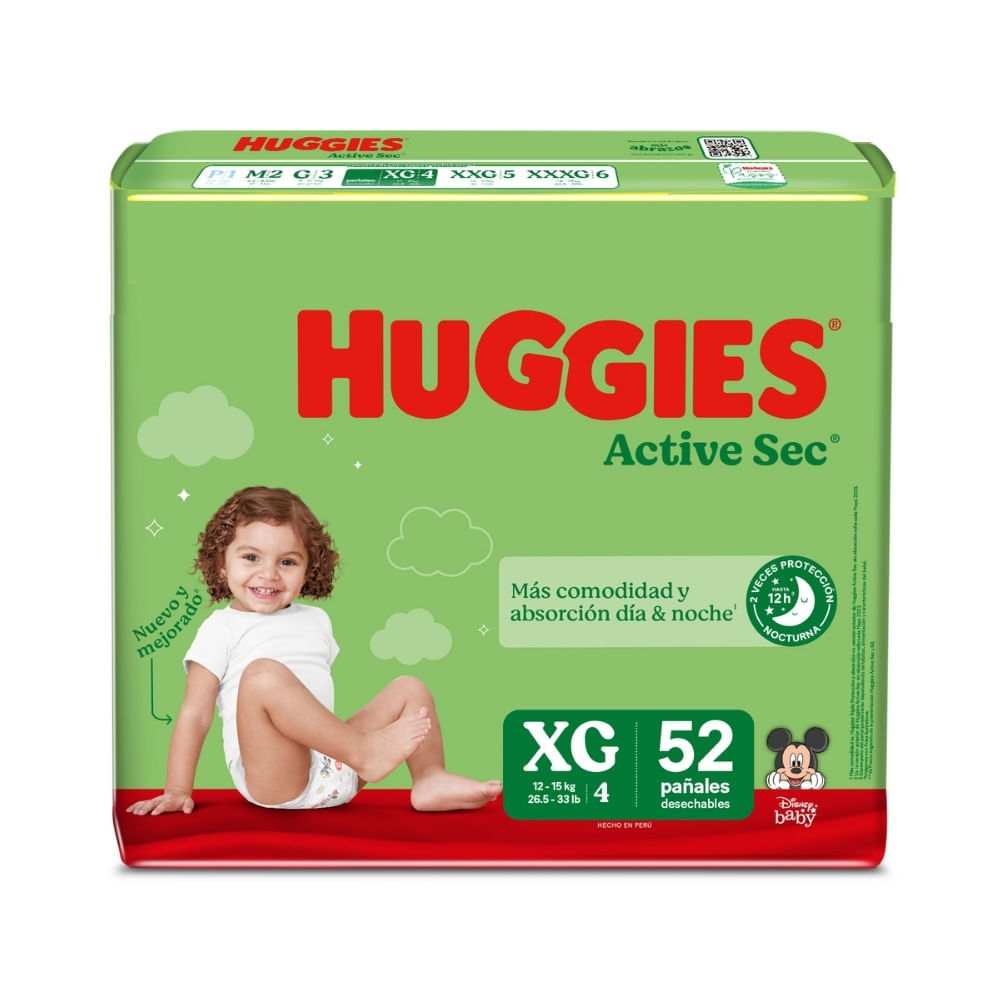 PAÑALES HUGGIES ACTIVE SEC ETAPA 4 BOLSA X 52 UNDS